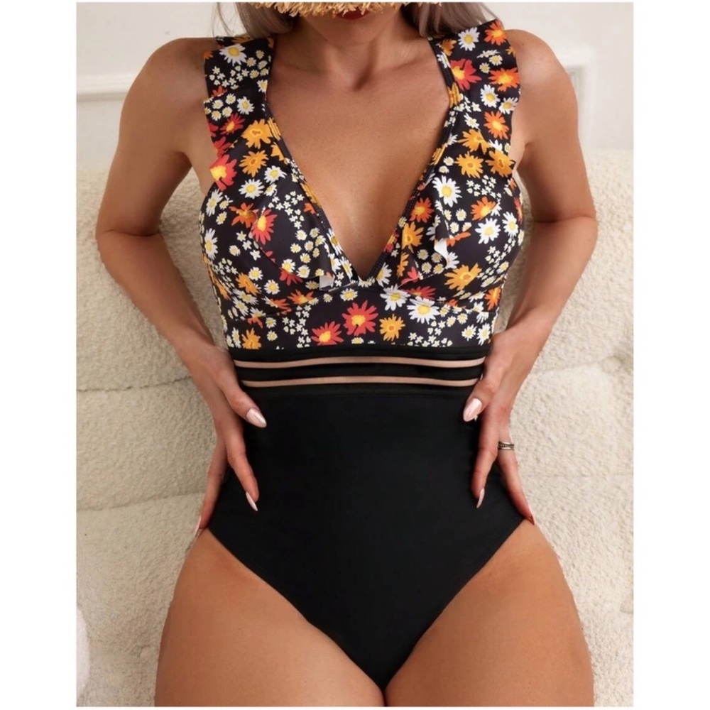 Boho Floral Print Ruffle Criss Cross Monokini One Piece Swim S M L XL
